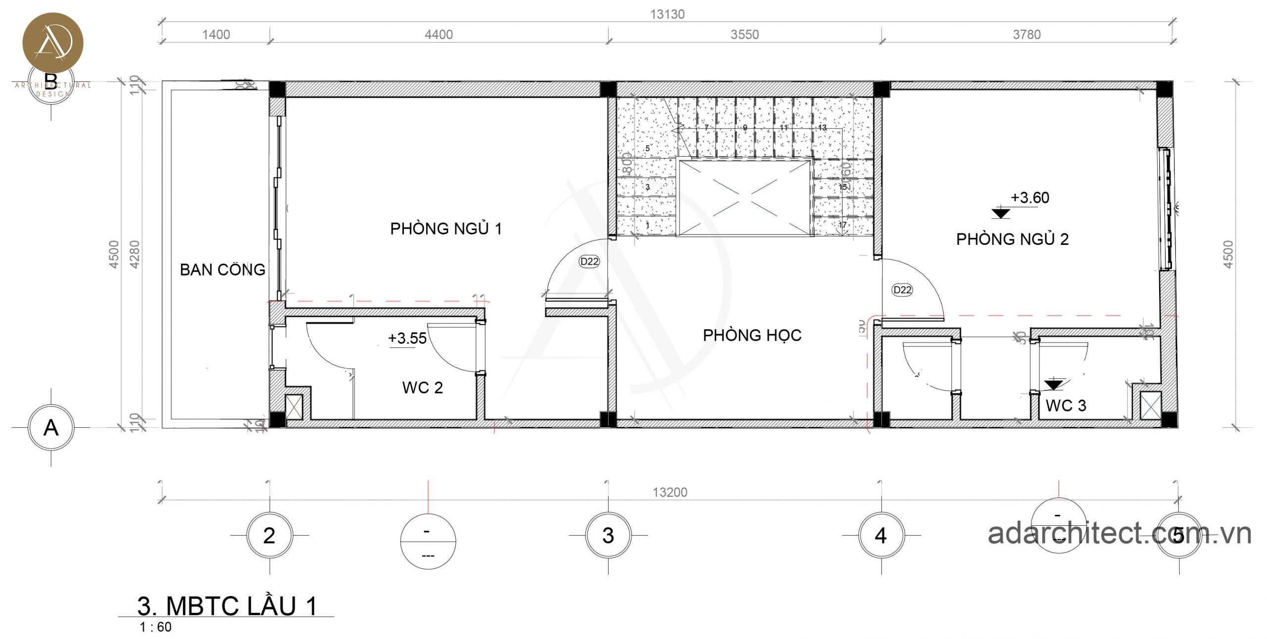 thiết kế nhà 4 phòng ngủ: lầu 1 có 2 phòng ngủ 