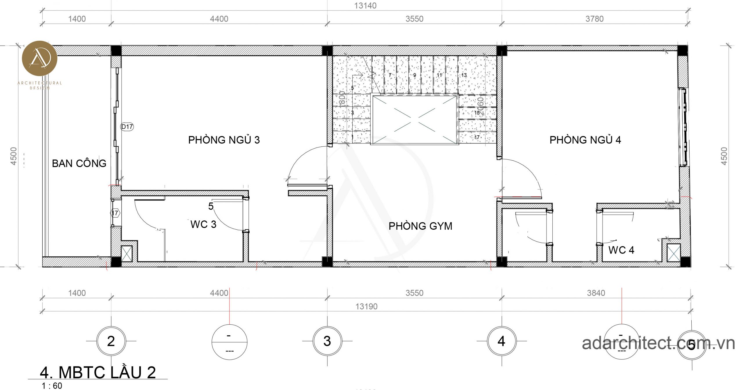 thiết kế nhà 4 phòng ngủ: mặt bằng lầu 2 có 2 phòng ngủ