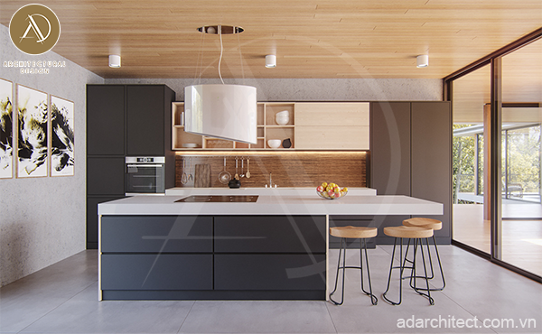 thiết kế nội thất phòng bếp cho biệt thự nhỏ tối giản, hiện đại 