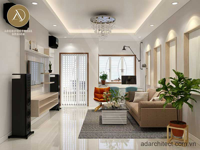 thiết kế nội thất phòng khách tiện nghi cho mẫu biệt thự mini 2 tầng hiện đại 