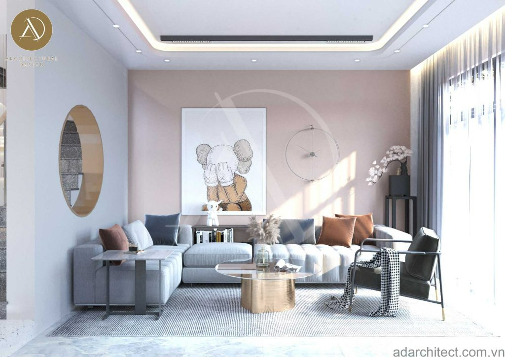 thiết kế nội thất phòng khách hiện đại cho mẫu biệt thự mini 2 tầng 