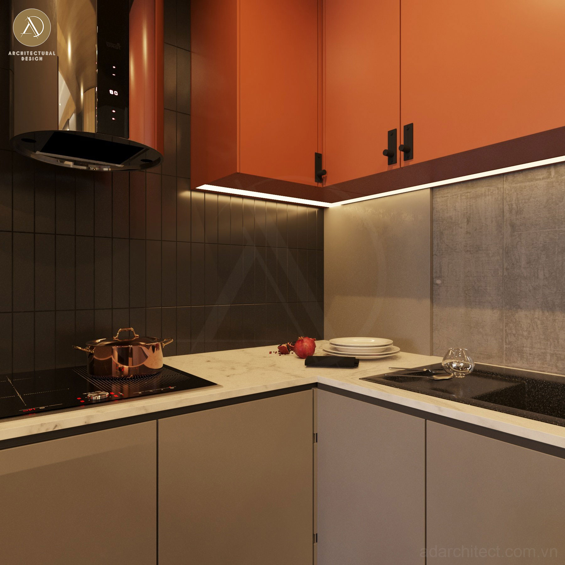 Thiết kế nội thất chung cư 2 phòng ngủ: không gian bếp đầy đủ tiện nghi, sang trọng 