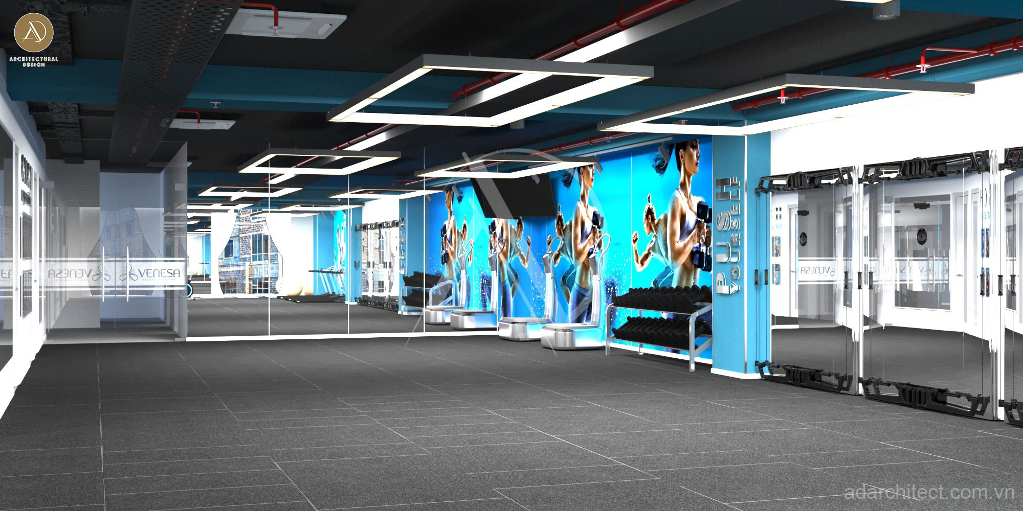 thiết kế phòng gym với không gian luyện tập cùng PT vô cùng chuyên nghiệp