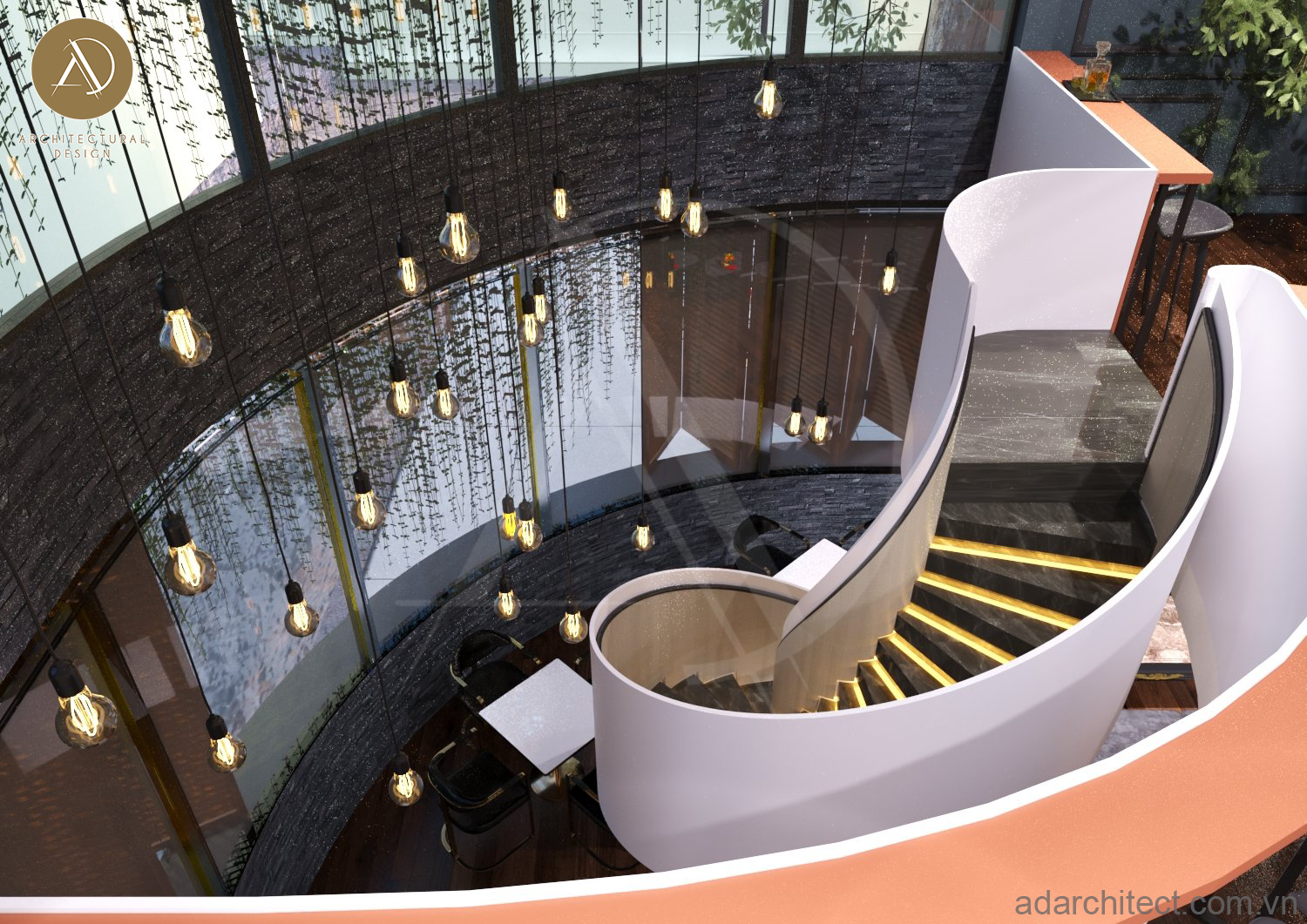 thiết kế thi công quán cafe: cầu thang xoắn ốc độc đáo với chất liệu đá hóa cương cao cấp