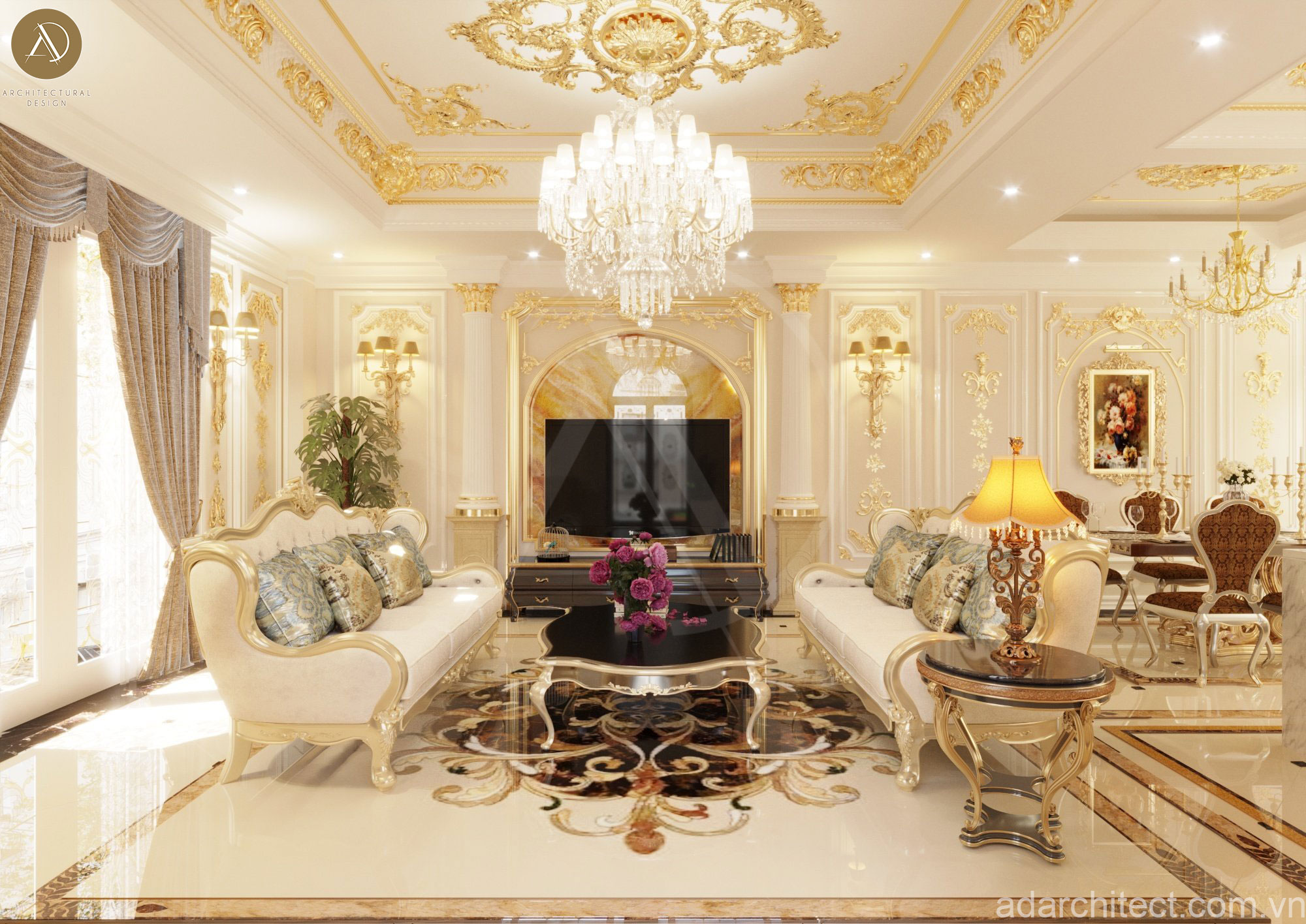 thiết kế biệt thự cổ điển có không gian phòng khách lộng lẫy, hoàng gia 