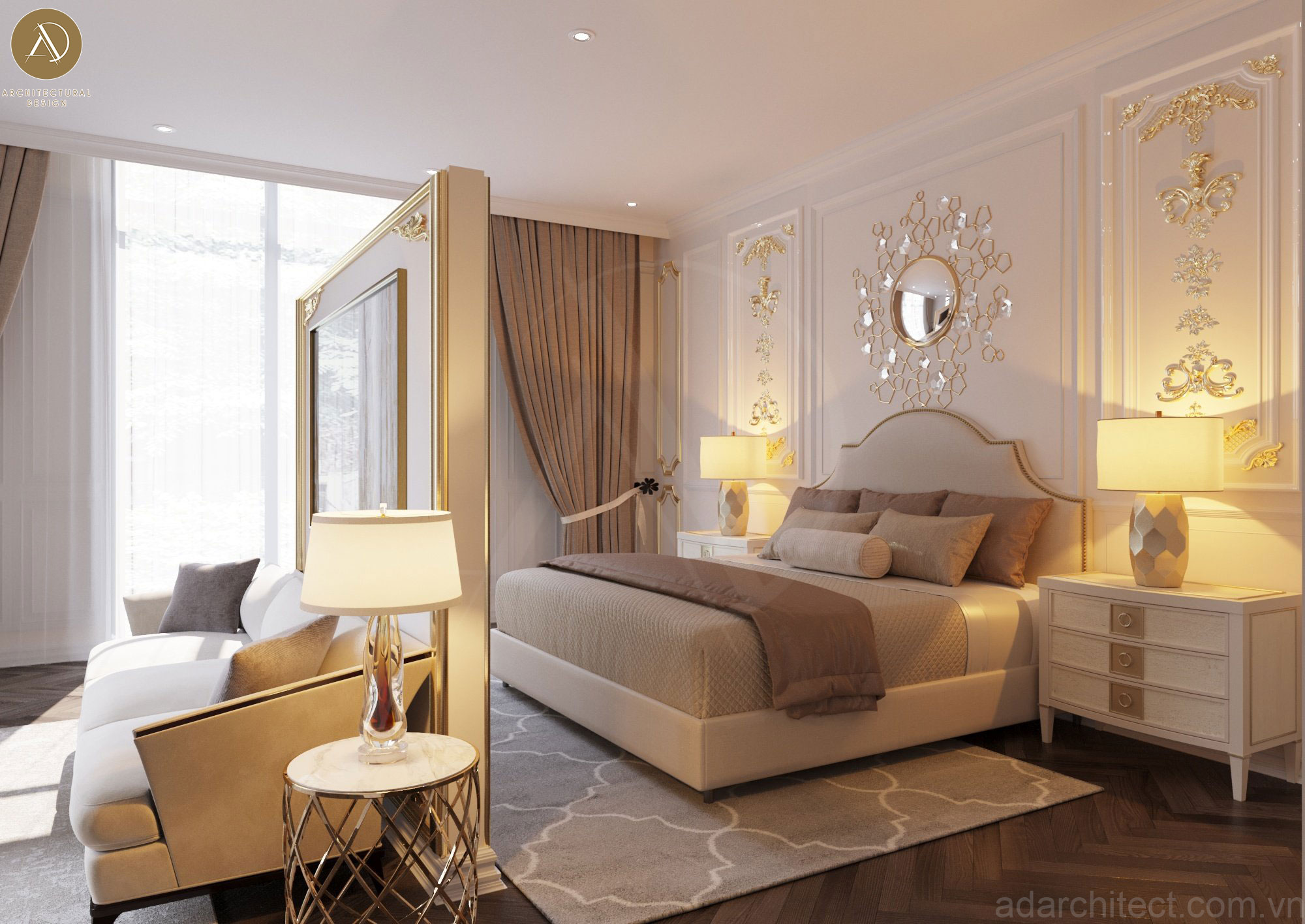 thiết kế biệt thự cổ điển: phòng ngủ master được thiết kế đầy đủ nội thất cao cấp, tiện nghi