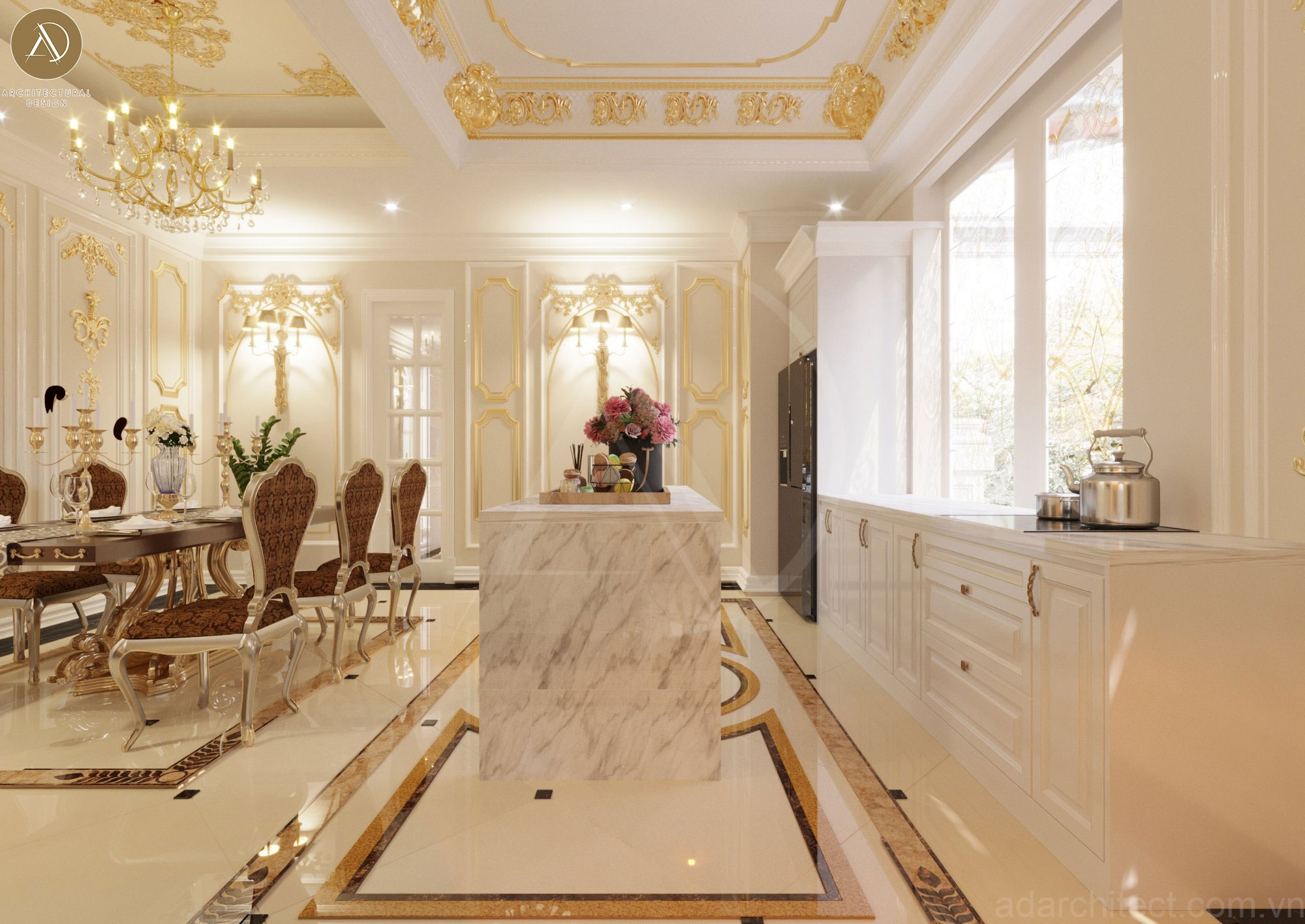 Thiết kế biệt thự cổ điển: không gian bếp với đầy đủ nội thất tiện nghi, cao cấp