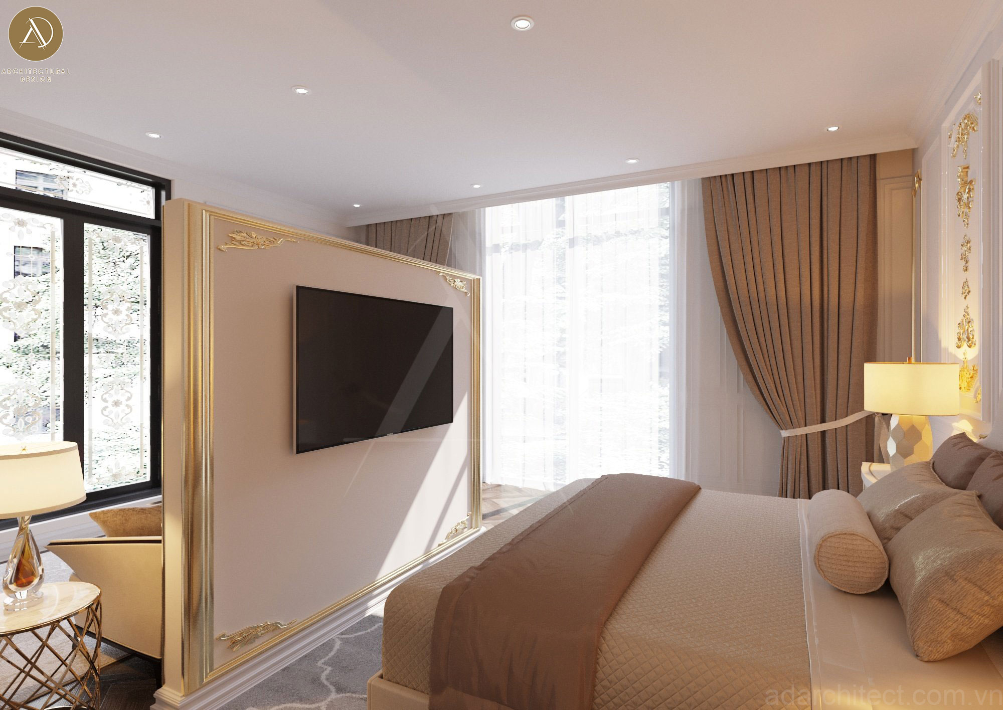 thiết kế phòng ngủ cho biệt thự cổ điển: bố trí ti vi cao cấp giúp gia chủ giải trí