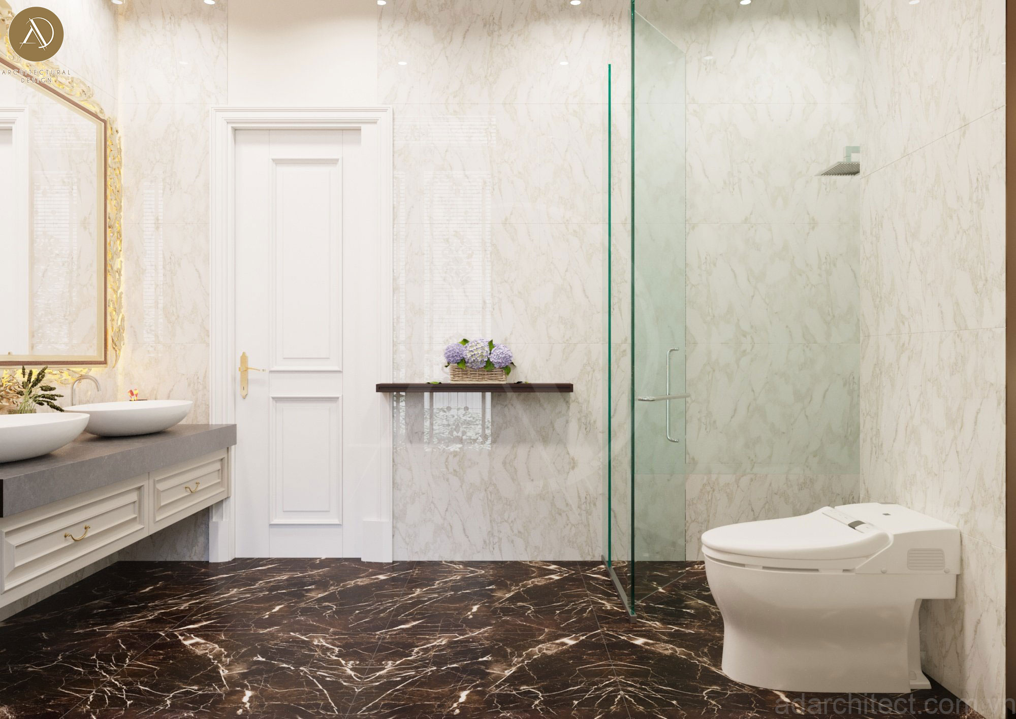 thiết kế biệt thự cổ điển có phòng tắm với nội thất tiện nghi hiện đại 
