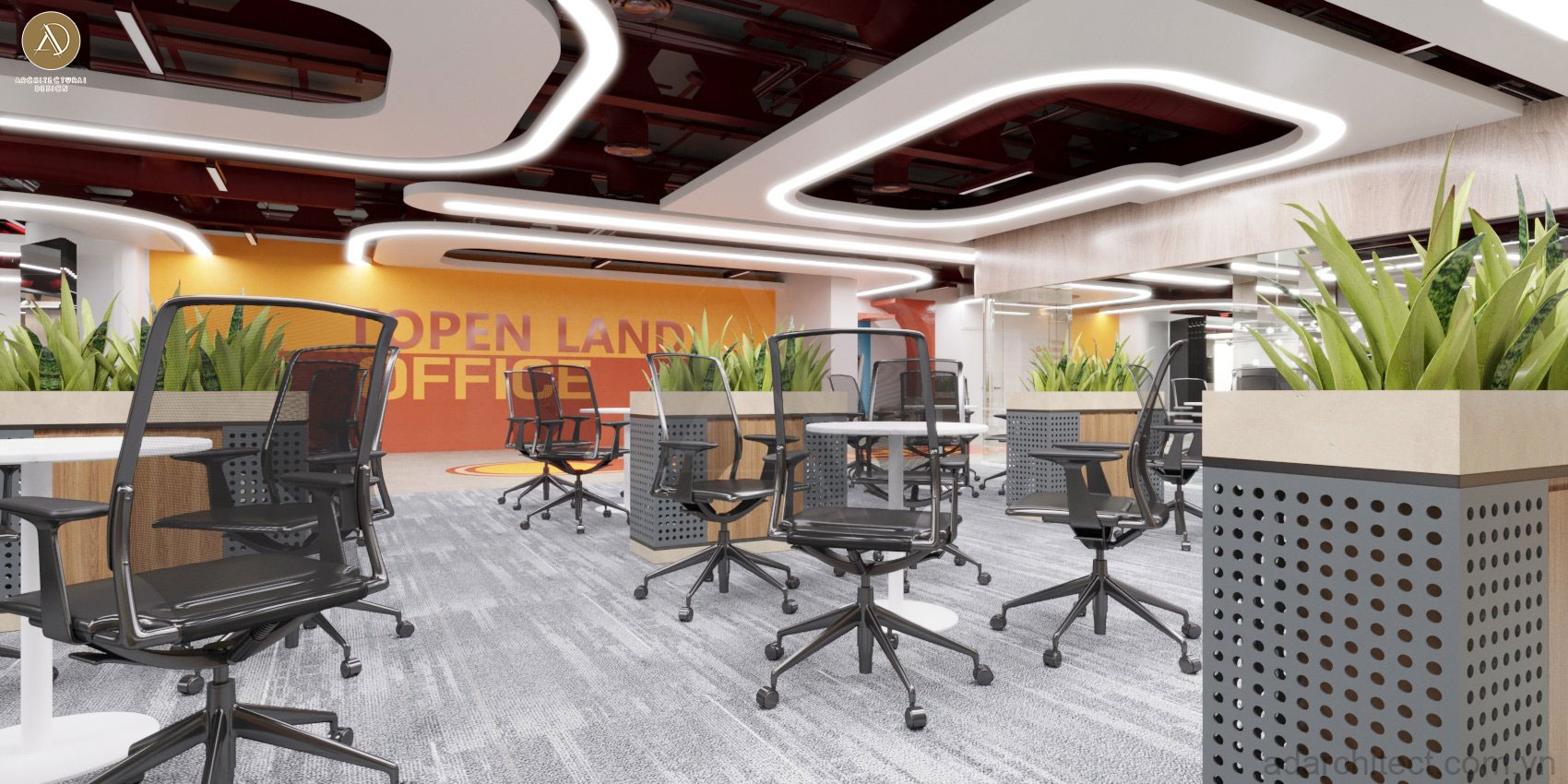 thiết kế nội thất văn phòng công ty có khu vực trao đổi tương tác hiện đại 