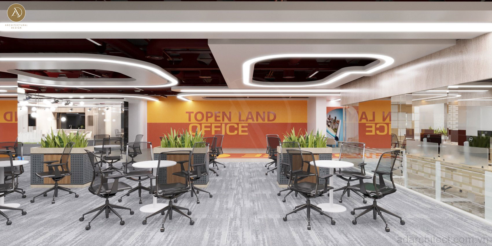 thiết kế văn phòng công ty BĐS có không gian làm việc nhóm, trao đổi mở