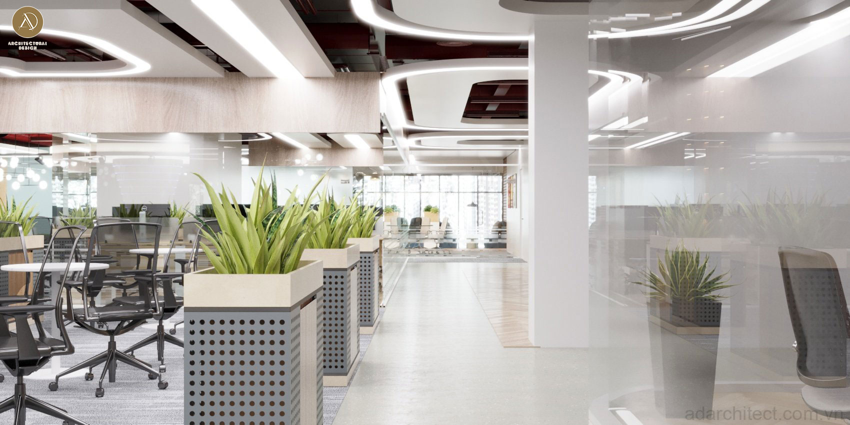 Thiết kế văn phòng công ty có bố trí cây xanh giúp sảng khoái tinh thần khi làm việc