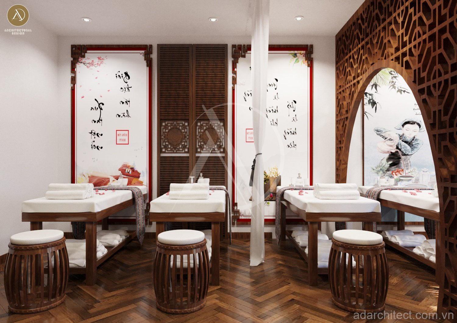thiết kế thi công spa với phong cách trang trí hoài cổ, đậm nét Trung Hoa 