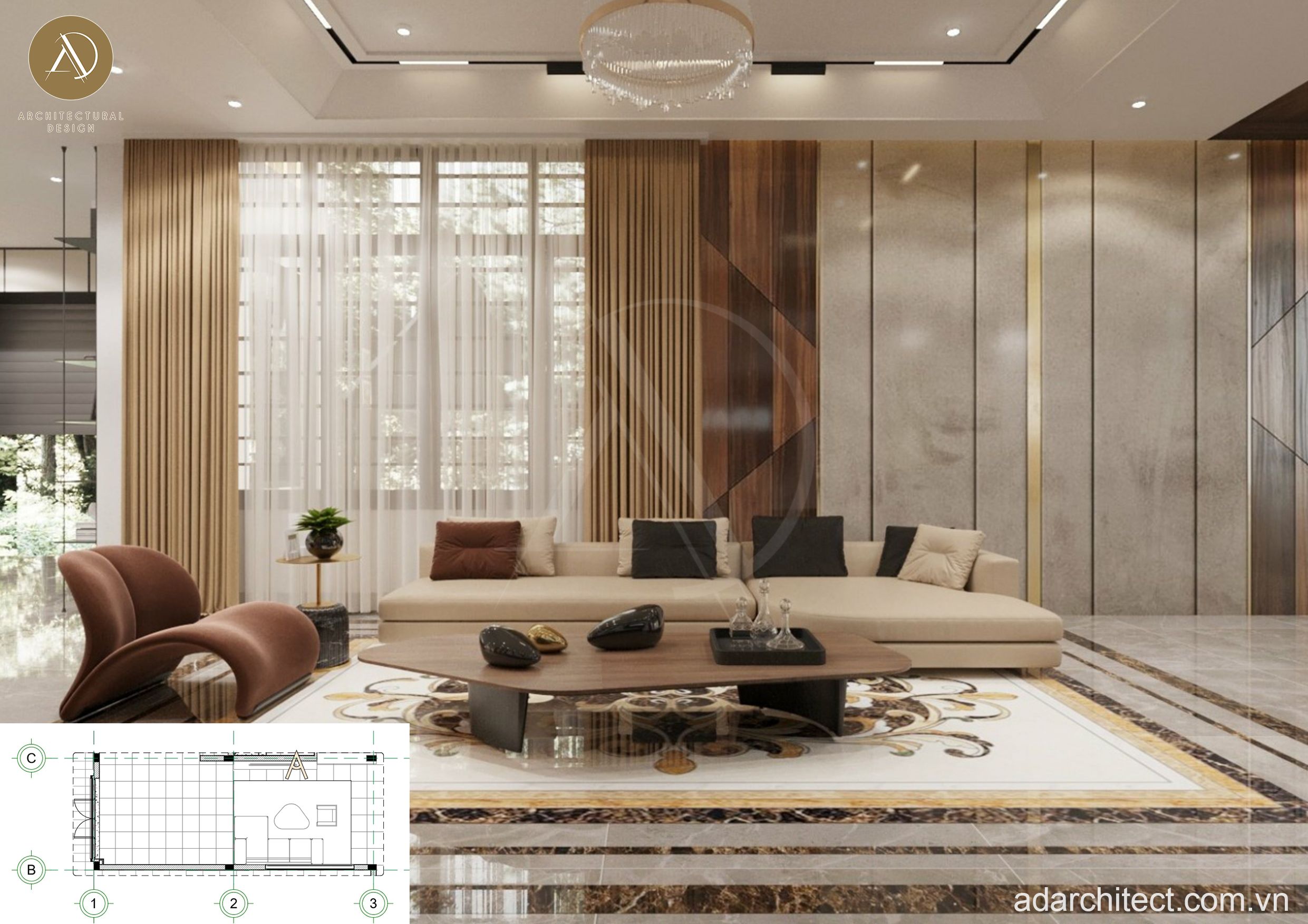 Thiết kế phòng khách cho biệt thự 3 tầng vô cùng sang trọng 