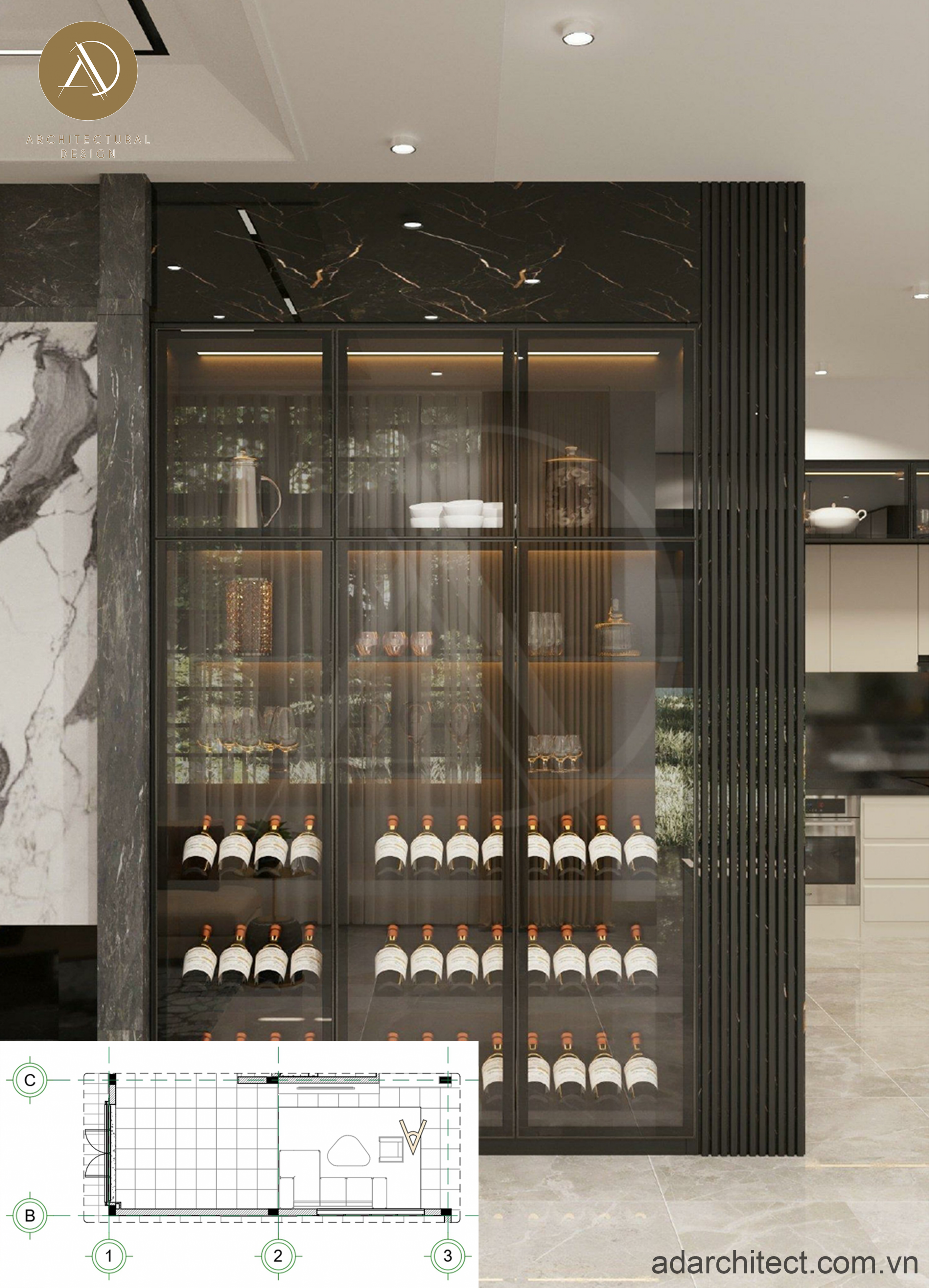 thiết kế nội thất tủ rượu cửa kính sang trọng cho biệt thự 3 tầng hiện đại