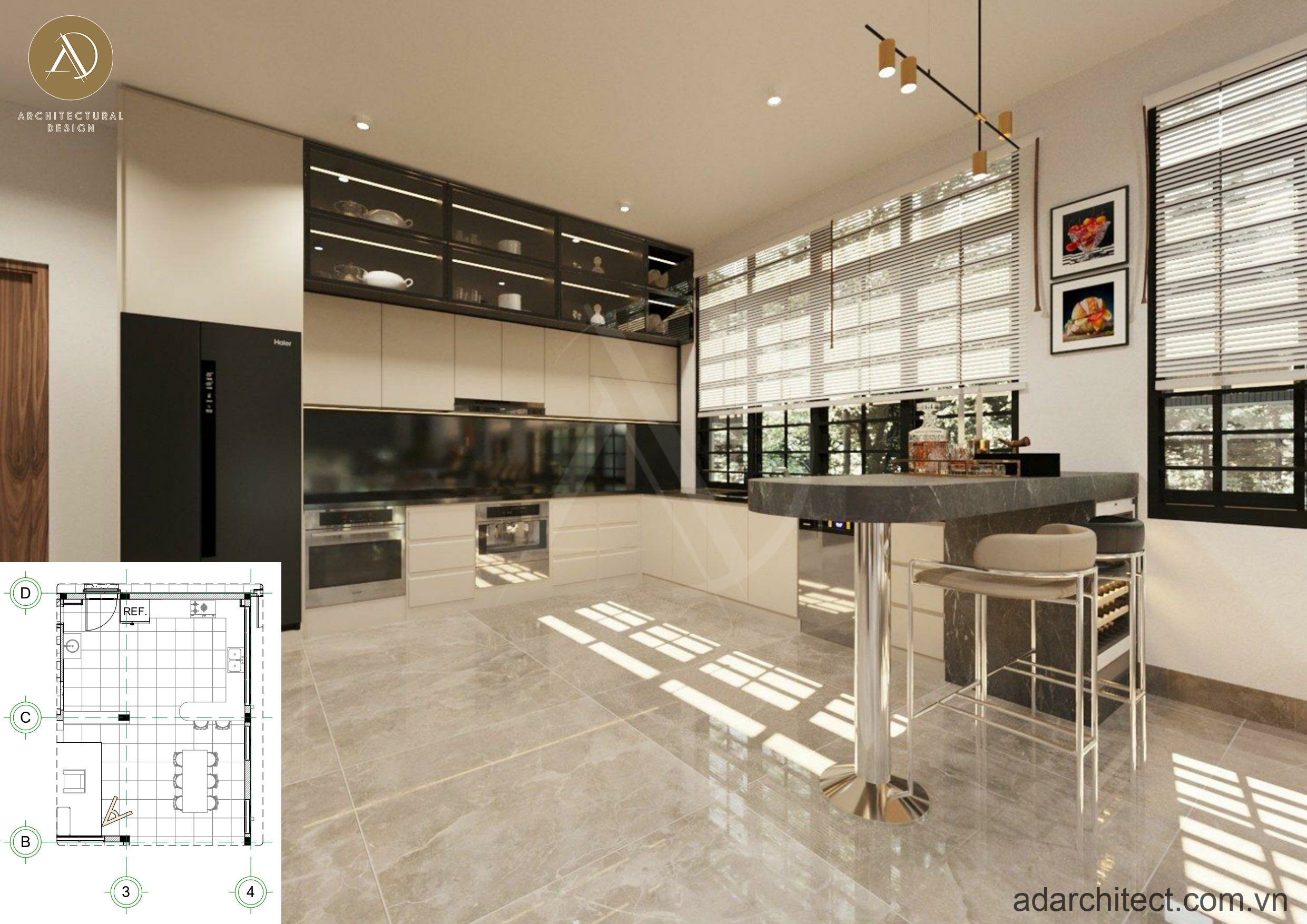 Bếp được thiết kế rộng rãi phù hợp với diện tích rộng của biệt thự 3 tầng