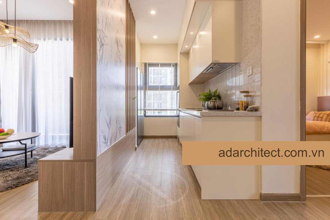 Cải tạo chung cư: Thiết kế vách ngăn kiểu cách phân chia không gian bếp và phòng khách 