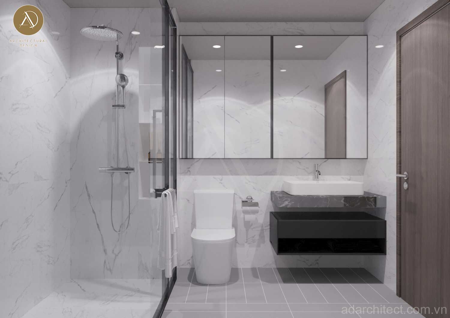 mẫu nhà ở kết hợp kinh doanh: thiết kế phòng vệ sinh hiện đại, tối giản