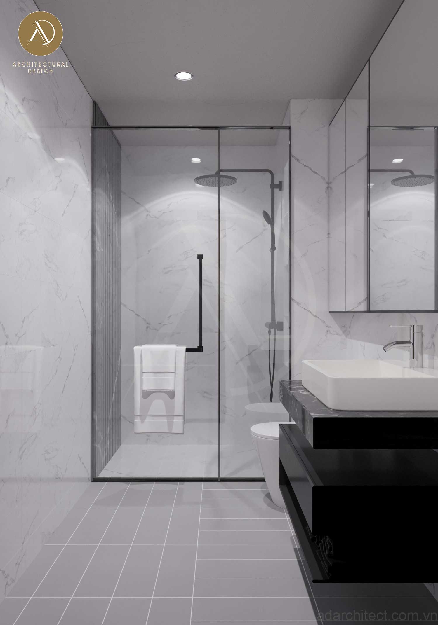 mẫu nhà ở kết hợp kinh doanh: thiết kế phòng vệ sinh với tông trắng sang trọng