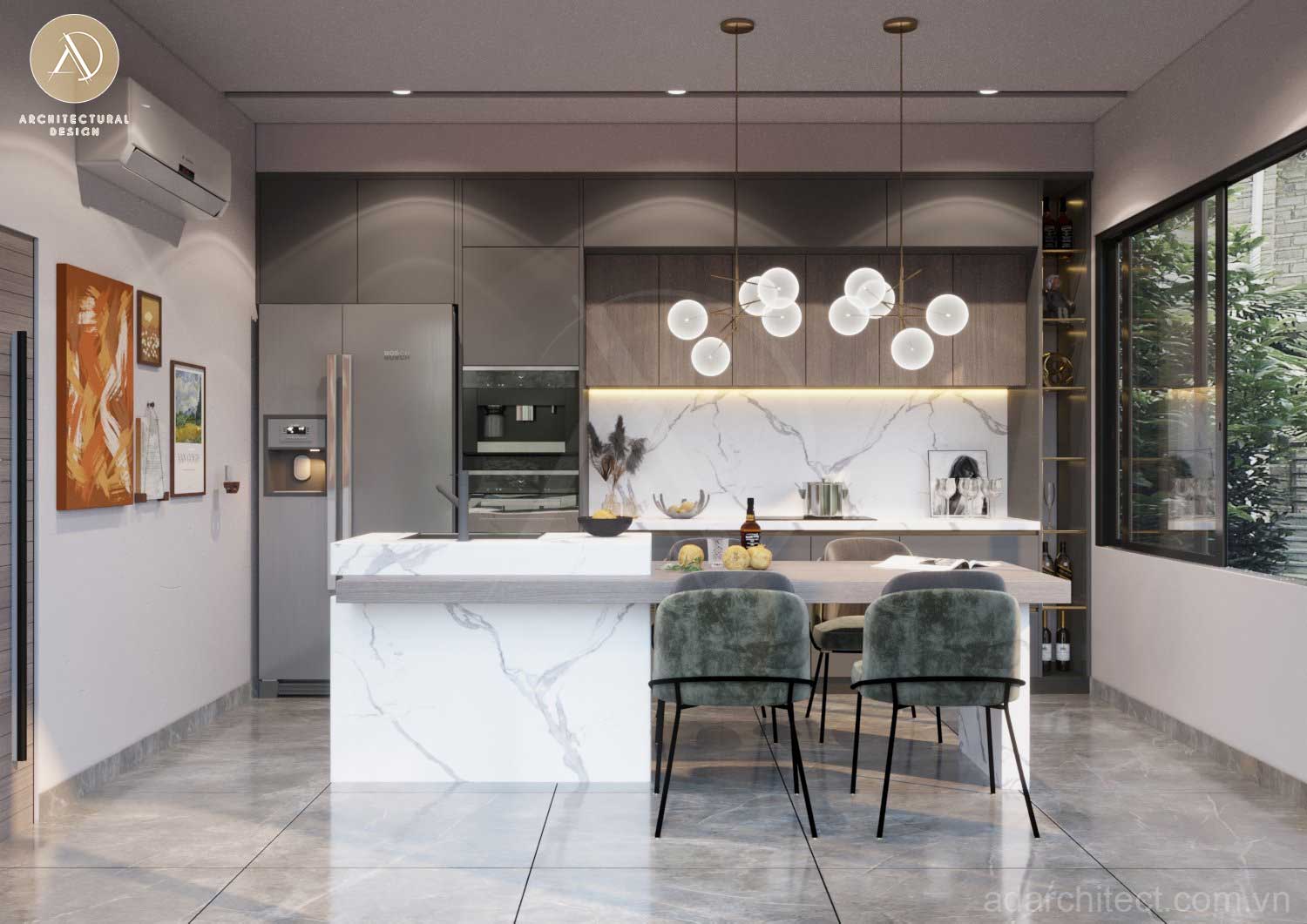 mẫu nhà ở kết hợp kinh doanh: thiết kế nội thất bếp hiện đại, tiện nghi