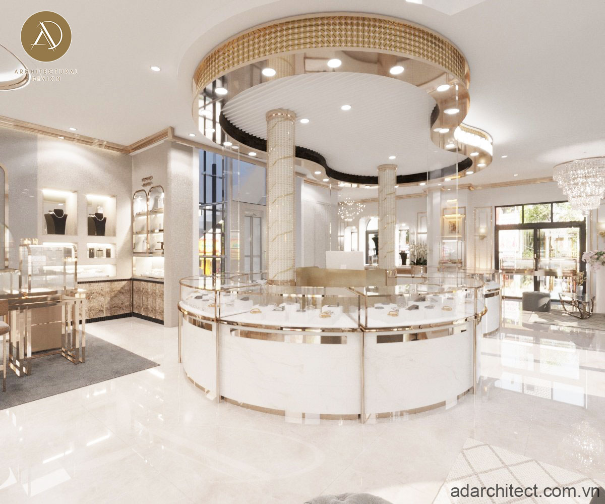 thiết kế tiệm vàng: lựa chọn nội thất tủ vàng tròn kiểu cách, sang trọng, quý phái