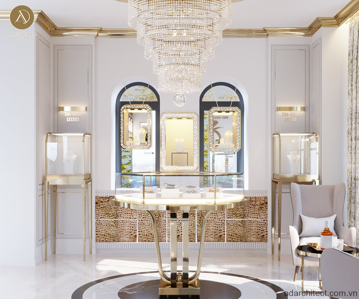 thiết kế tiệm vàng: trang trí tiệm vàng đẹp, lấp lánh với nội thất sang trọng