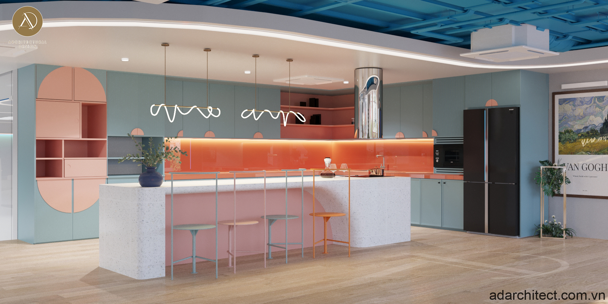 thiết kế văn phòng công ty có quầy pantry đầy màu sắc, kích thích tinh thần làm việc cho nhân viên hiệu quả