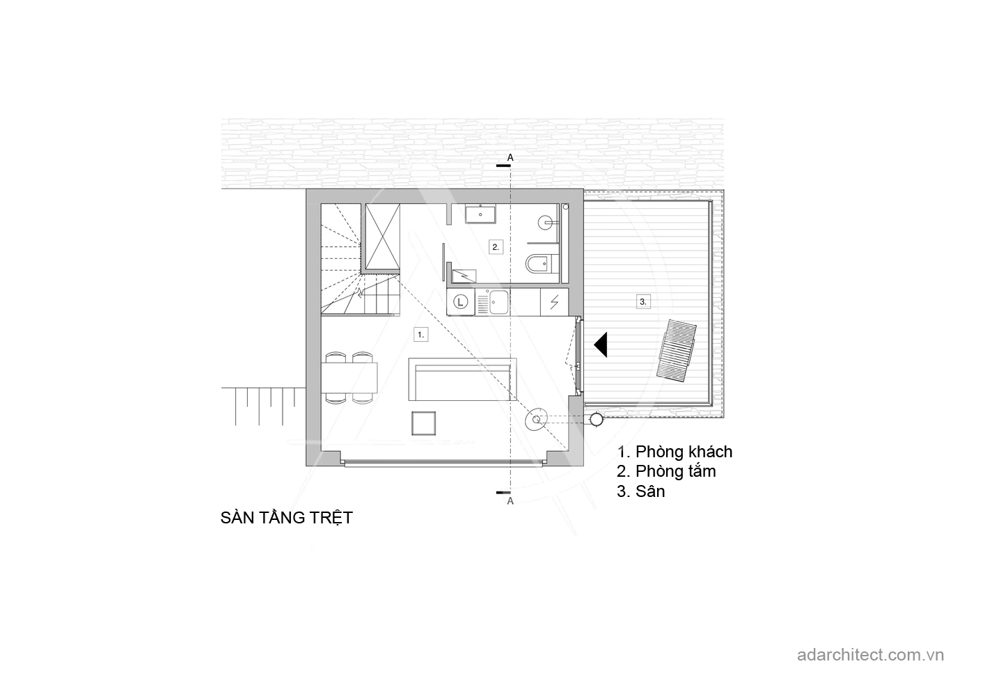 Bố trí mặt bằng: tầng trệt thiết kế homestay diện tích nhỏ, đơn giản