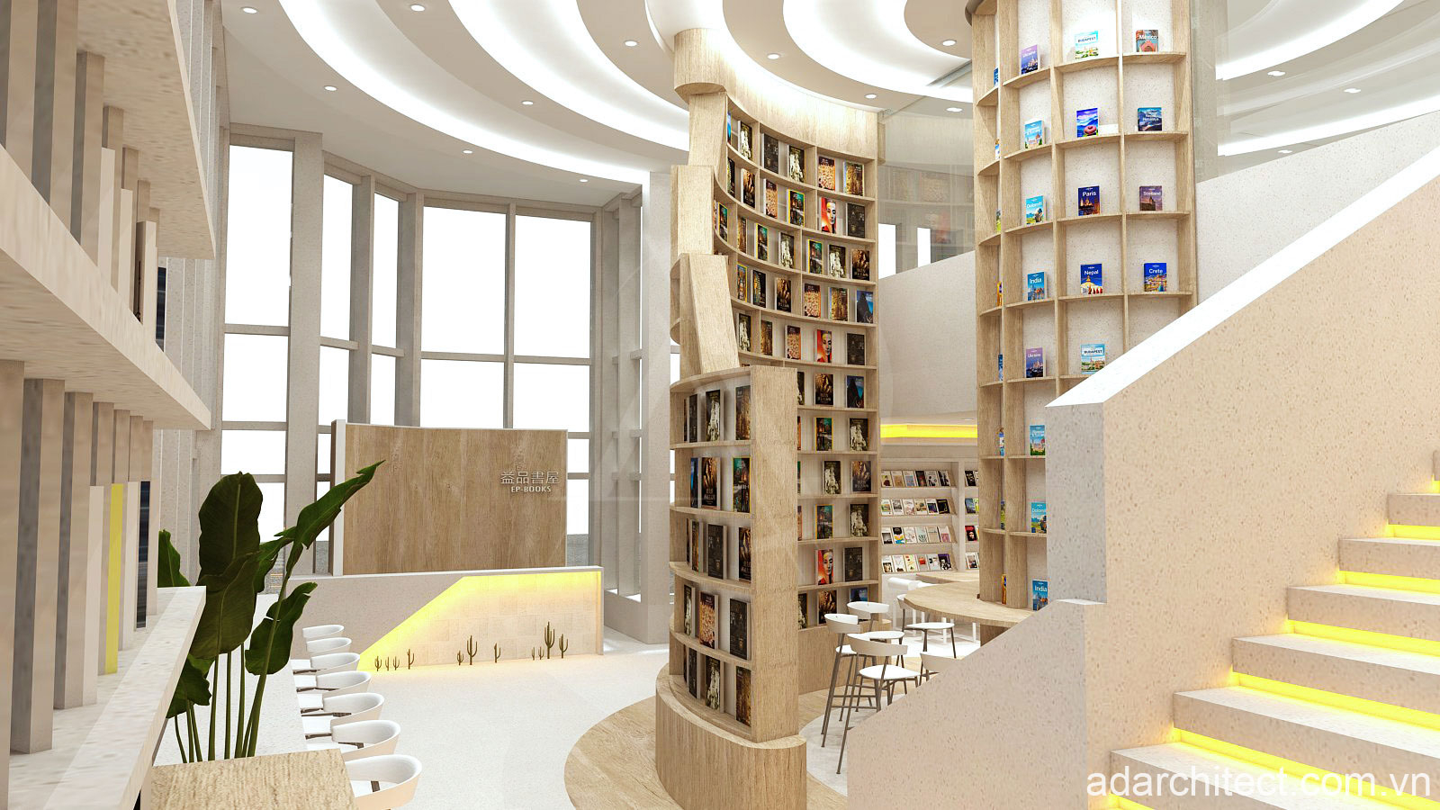 Sử dụng gam màu trắng, sáng kết hợp nội thất bằng gỗ tôn lên sự tinh tế cho nhà sách