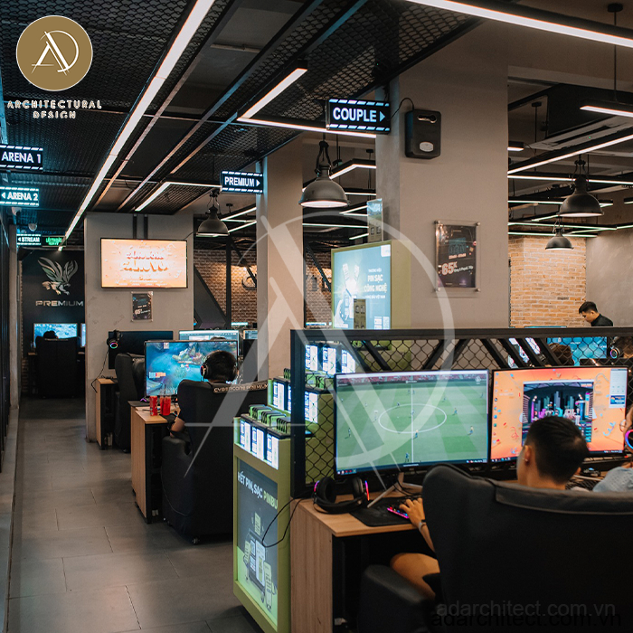 thiết kế quán net đẹp, phòng game, cypergame chuyên nghiệp: chia thành nhiều khu vực đảm bảo phục vụ nhiều nhu cầu của khách hàng
