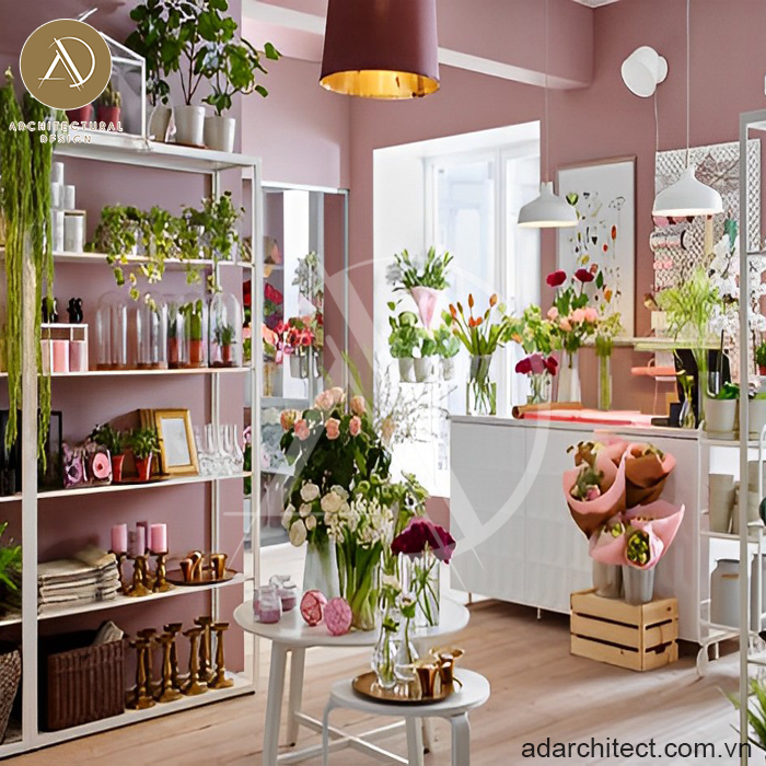 Thiết kế shop hoa tươi hồng pastel nhẹ nhàng