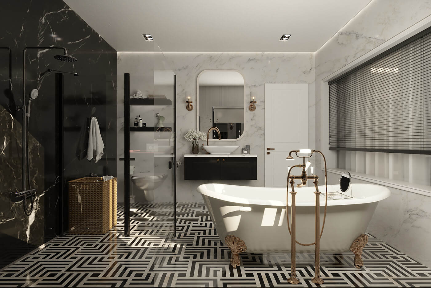 Phòng tắm với tông trắng đen chủ đạo kèm nội thất đá hoa cương và mạ vàng làm điểm nhấn
